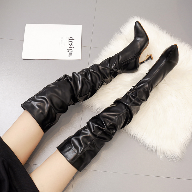 New arrival sexy women pointed toe wrinkle stiletto over knee boots high Heel Sexy long Booties winter shoes