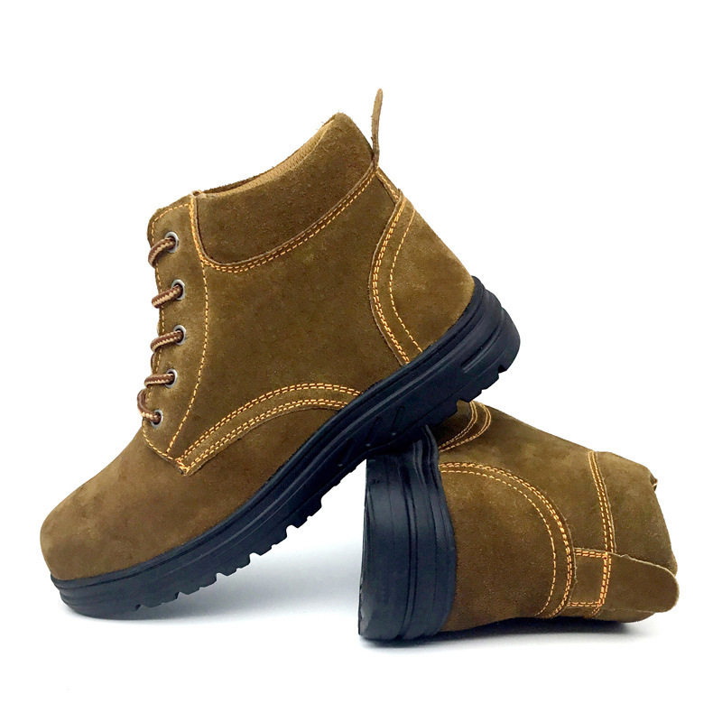 Popular wide toe protection mid cut steel toe rubber sole safety boots brown/grey/yellow