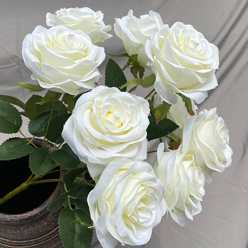 Hot Sale 9 Head Rose Bouquets White Artificial Flowers for Wedding