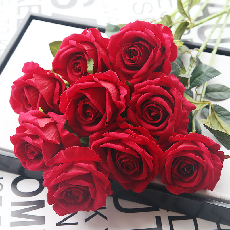 FREE SAMPLE Artificial Flowers Single Branch Velvet Red Roses Fake Flowers Wedding Decoration