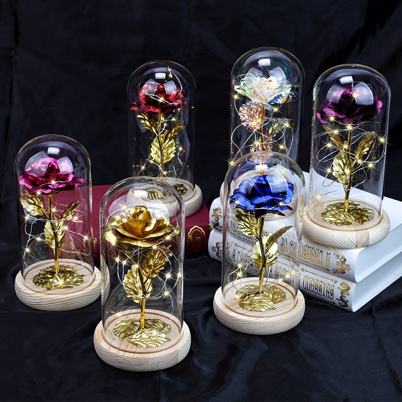 Factory Wholesale LED Light 24k Gold Galaxy Rose Flower Glass Dome Thanksgiving, Valentine's Day gift