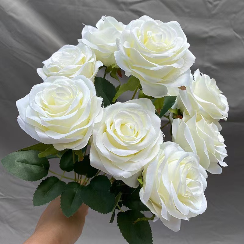 Hot Sale 9 Head Rose Bouquets White Artificial Flowers for Wedding