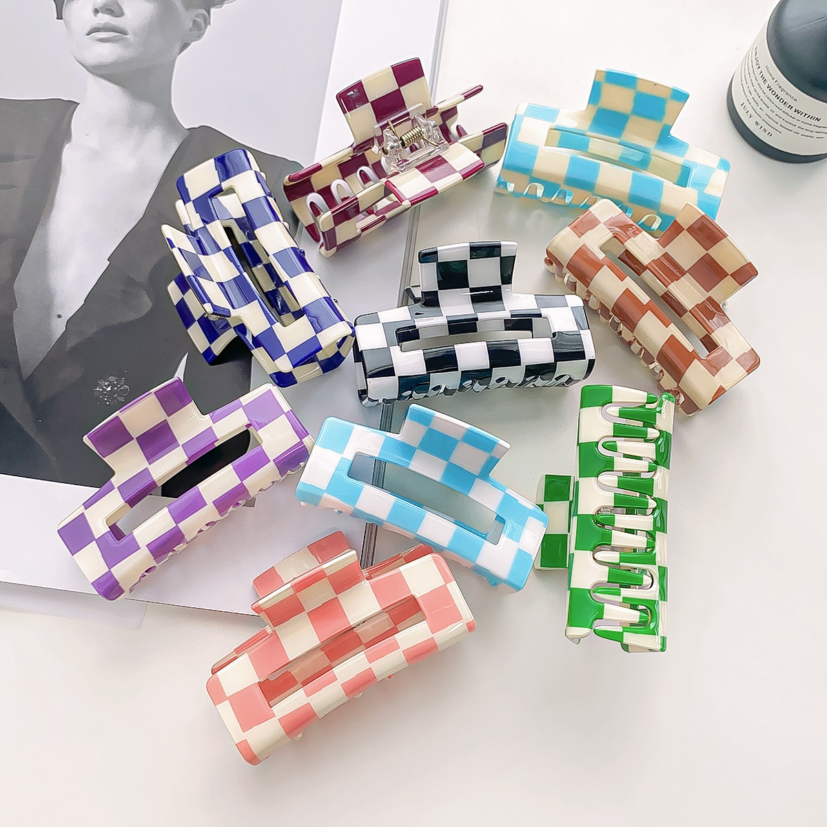 Korean colorful fashion checkered women hair clips PVC geometric shark plaid hair claws for girls