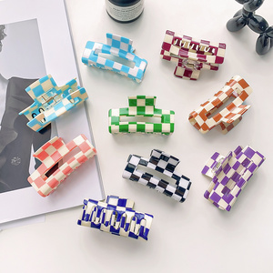 Korean colorful fashion checkered women hair clips PVC geometric shark plaid hair claws for girls