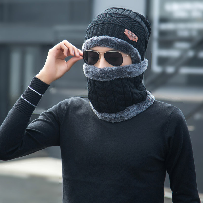 H01 Men Beanie Knitted Cap Scarf Set Soft Thicken Wool Ski Hat Men's Hats Neck Warm Winter Wool Hat Set Women