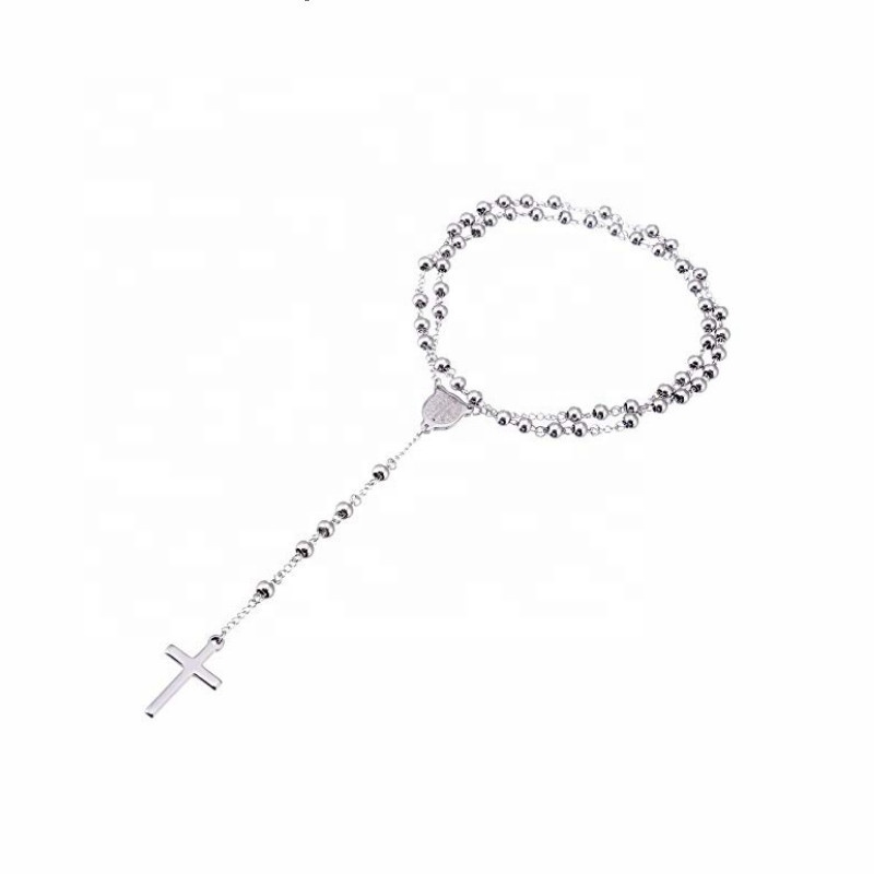 30 Inches length Catholic Pray Use with Saint Benedict Engraved Stainless Steel Silver Color Rosary Beads Necklace