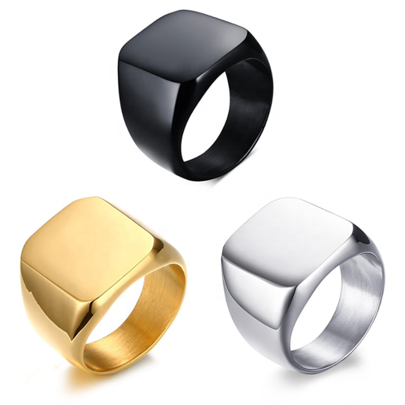 Wholesale Mens Stainless Steel Jewelry Rings Custom Cheap Dome Square Black Silver 14k 18k Gold Plated Blank Signet Ring For Men