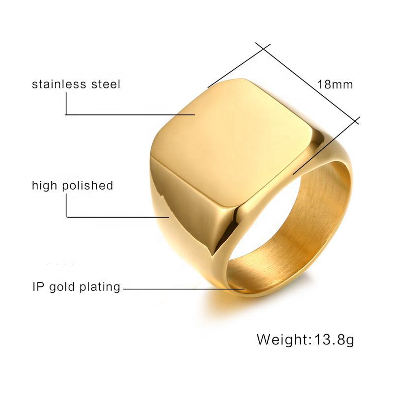 Wholesale Mens Stainless Steel Jewelry Rings Custom Cheap Dome Square Black Silver 14k 18k Gold Plated Blank Signet Ring For Men