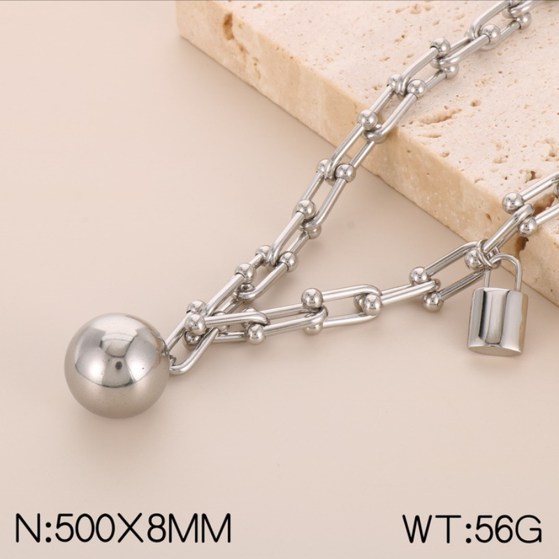 Ball Pendant Padlock Stainless Steel Matty Chain Necklace Bracelet Electroplated 18k Gold Steel Horseshoe Chain Double Stock