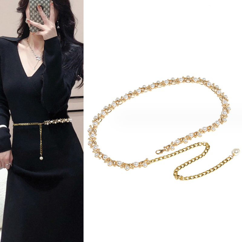 Sweet Wind Stainless Steel Plated Gold Steel Pearl Thin Waist Chain Custom Skirt Accessories Fashion Personality Waist Chain