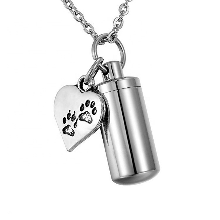 Wholesale Personalized Custom Pet Paw Heart Charm Stainless Steel Silver Cremation Ashes Urn Pendant Necklace For Pet