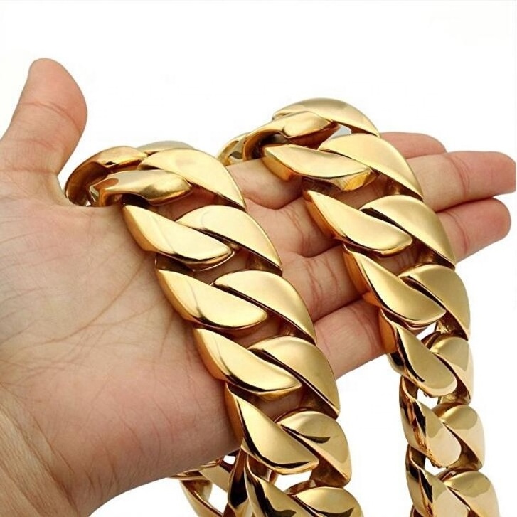 Mens 31MM Large Heavy Polished Stainless Steel Plated 18K Gold Thick Chunky Cuban Curb Chain Link Necklace