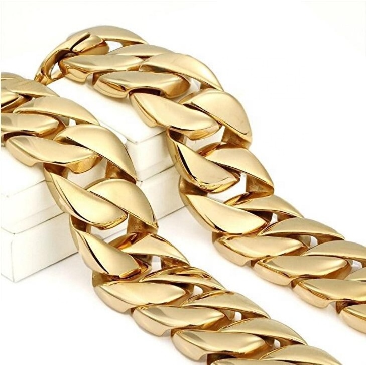 Mens 31MM Large Heavy Polished Stainless Steel Plated 18K Gold Thick Chunky Cuban Curb Chain Link Necklace