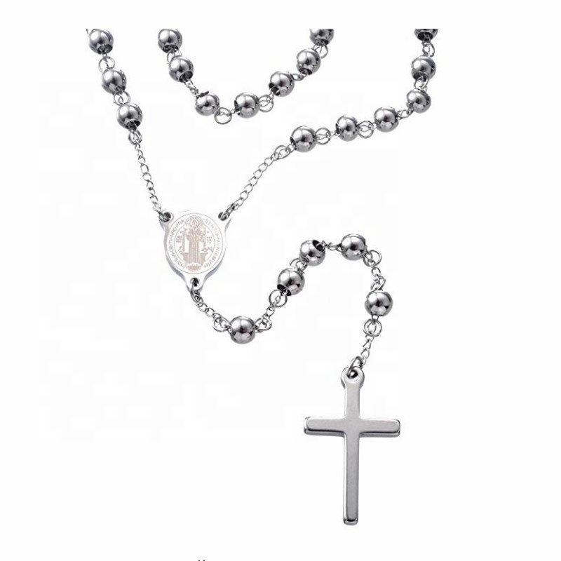 30 Inches length Catholic Pray Use with Saint Benedict Engraved Stainless Steel Silver Color Rosary Beads Necklace