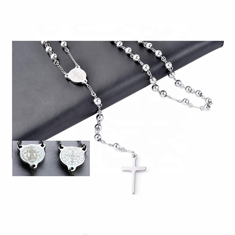 30 Inches length Catholic Pray Use with Saint Benedict Engraved Stainless Steel Silver Color Rosary Beads Necklace