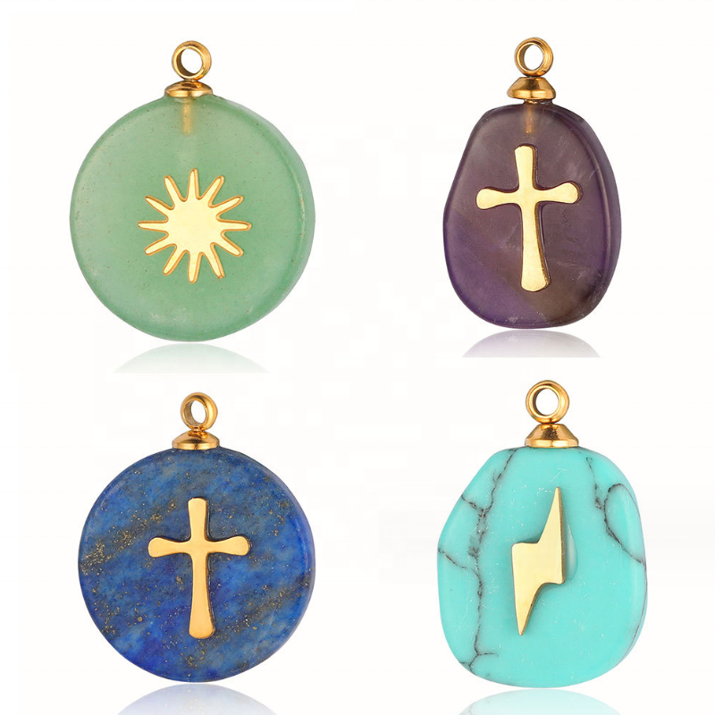 Natural Stone Pendant Diy Jewelry Accessories Stainless Steel Cross Sun Star Lightning Crystal Aventurine Quartz Jade Pendant