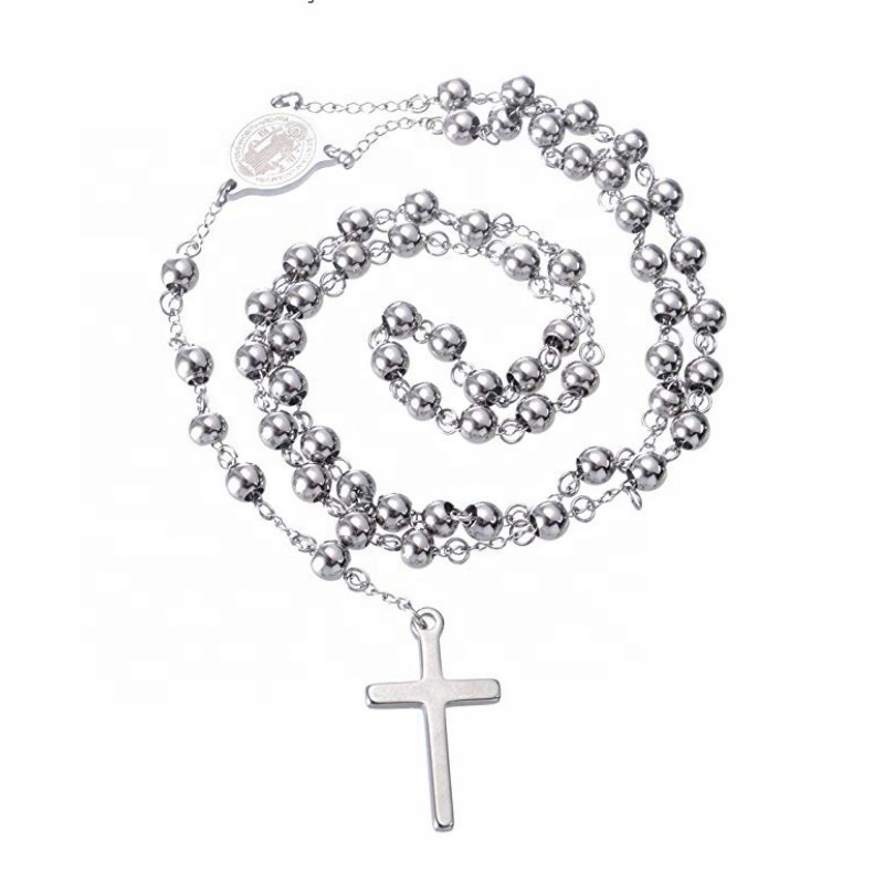 30 Inches length Catholic Pray Use with Saint Benedict Engraved Stainless Steel Silver Color Rosary Beads Necklace