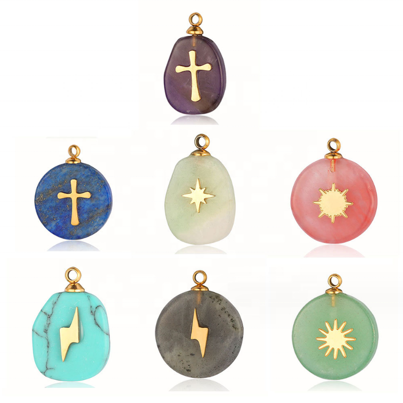 Natural Stone Pendant Diy Jewelry Accessories Stainless Steel Cross Sun Star Lightning Crystal Aventurine Quartz Jade Pendant