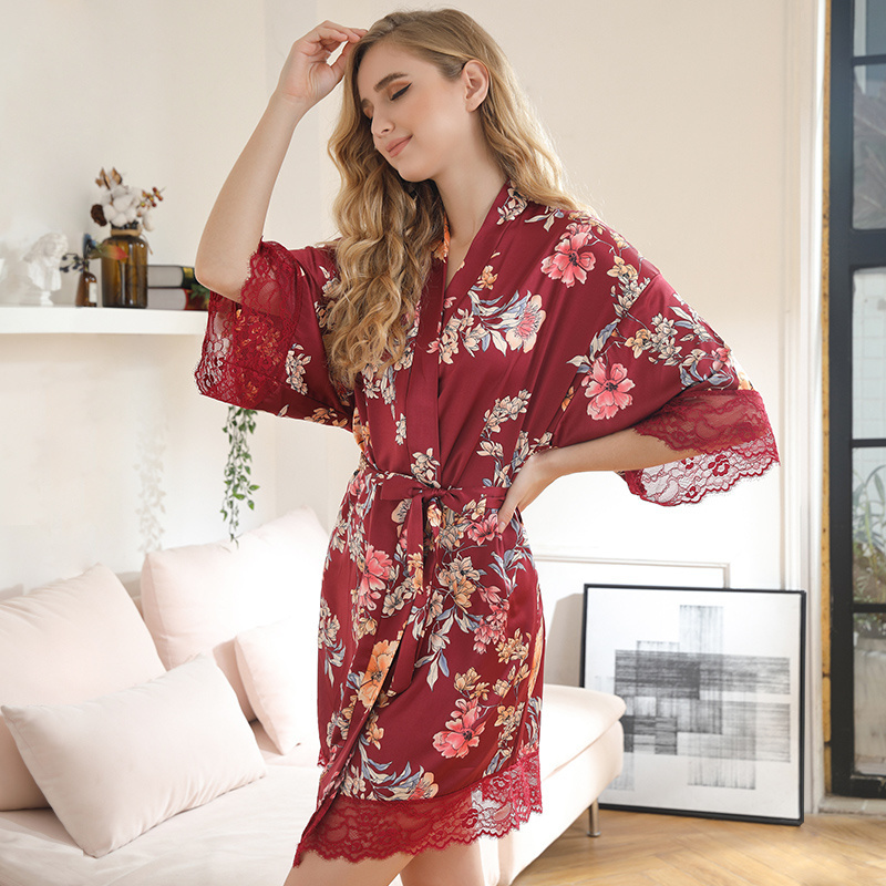 Custom Flowers Bridesmaids Silk Satin Robe Digital Print Floral Bridal Robe China Factory Bridesmaid Robe