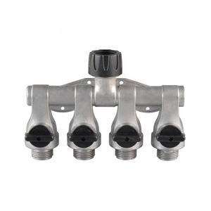 Garden Hose Tap Metal Manifold Connector,  3/4" Inlet x 4 Outlet Shut Off Hose Tap Connector