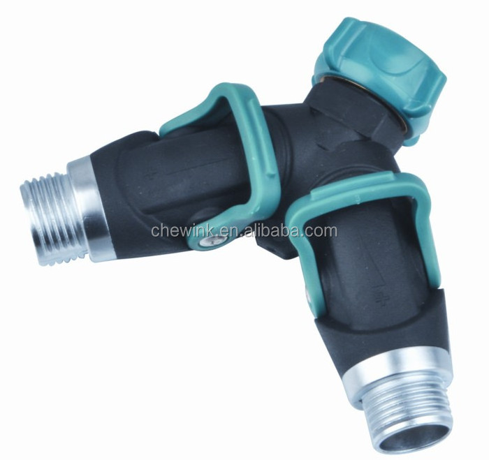 Garden Metal Plastic 2 Way Water Manifold Y Hose Connector with Lever On/Off Feature