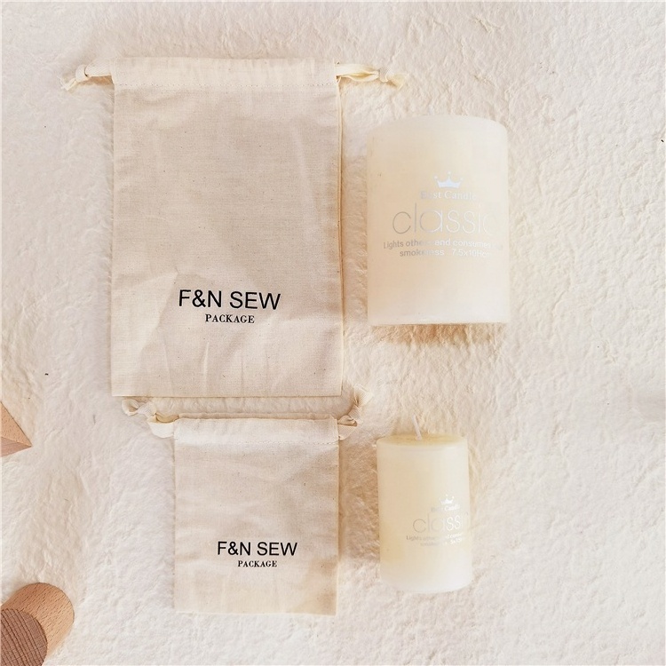 Customize Logo Printing Natural Cotton Muslin Candle Bag Muslin Calico Dust Canvas Cotton Drawstring Pouch Bag for Candle