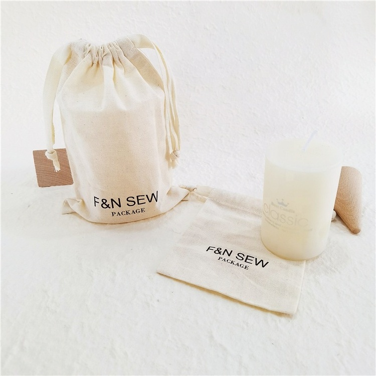 Customize Logo Printing Natural Cotton Muslin Candle Bag Muslin Calico Dust Canvas Cotton Drawstring Pouch Bag for Candle