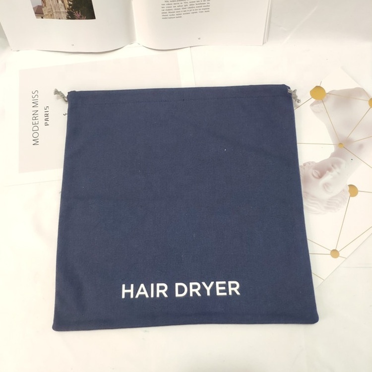 Custom Logo Eco-friendly Navy Blue Cotton Canvas Hair Dryer Packaging Bag With Drawstring