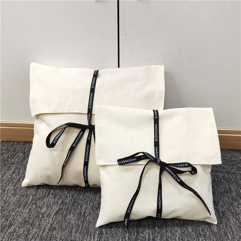 CH Custom Organic Cotton Envelope Bag With Ribbon Tie Muslin Cotton Envelope Pouch Clothing Packaging Linen Dust Pouch