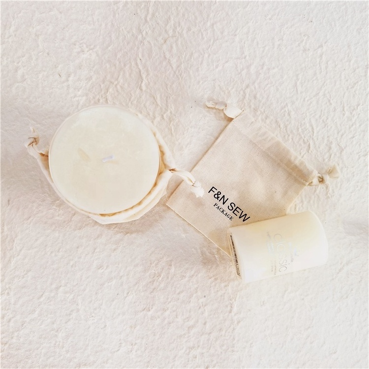 Customize Logo Printing Natural Cotton Muslin Candle Bag Muslin Calico Dust Canvas Cotton Drawstring Pouch Bag for Candle