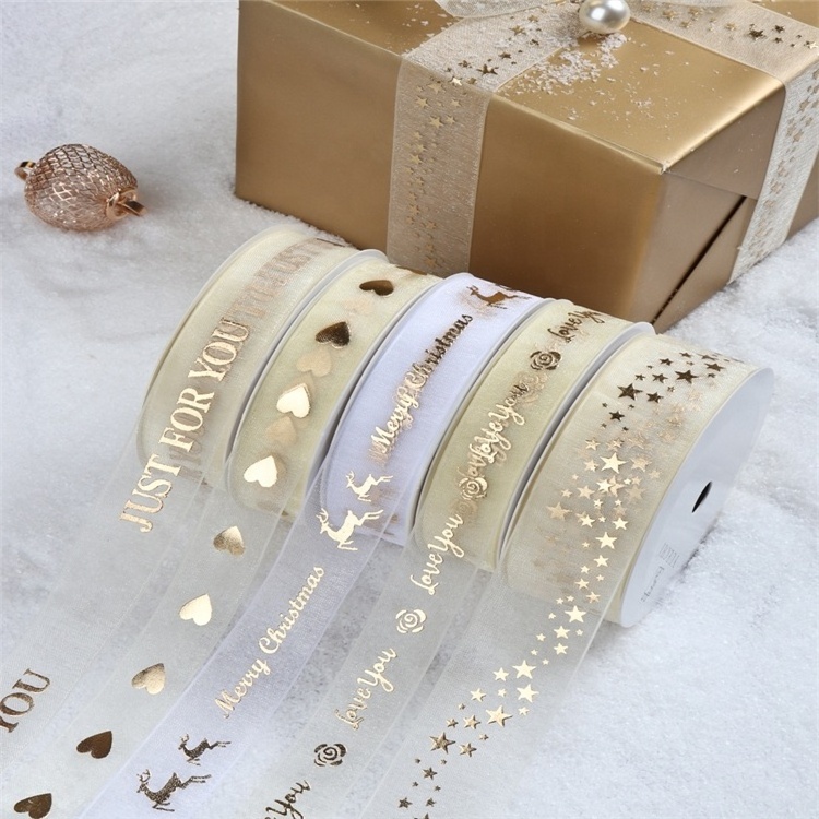 Custom Luxury 1INCH Rose Gold Color Satin Ribbon For Gift Packaging Jewelry Box Packaging Ribbon Gold Foil Printed