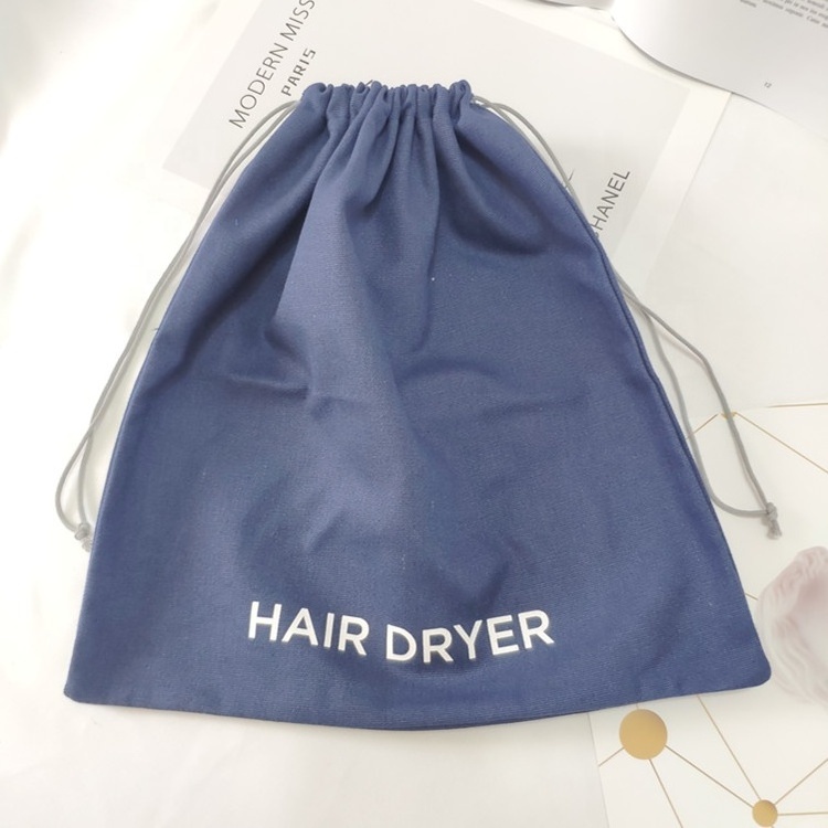 Custom Logo Eco-friendly Navy Blue Cotton Canvas Hair Dryer Packaging Bag With Drawstring