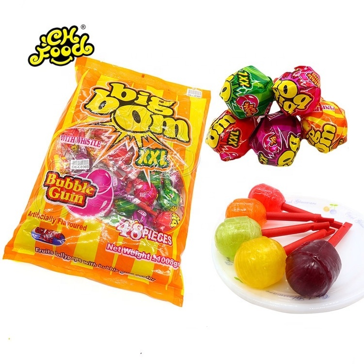 Big Bom Fruit  Flavour Whistle  Lollipop Candy With Bubble Gum