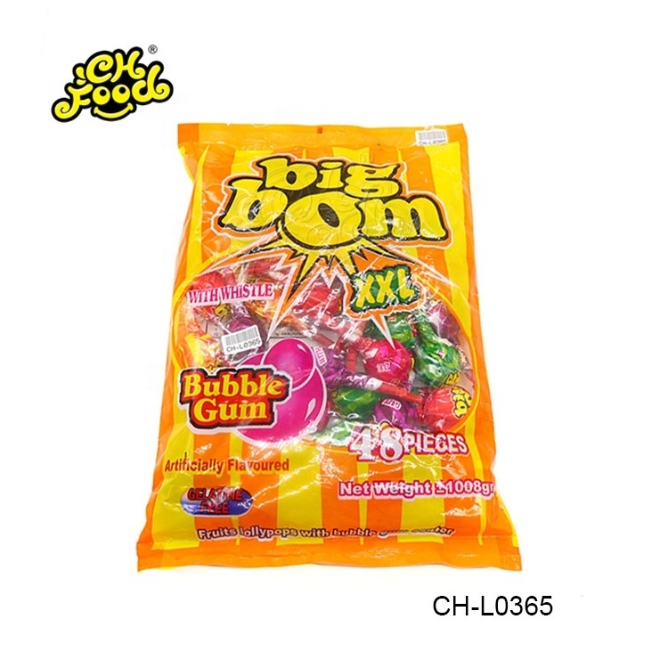 Big Bom Fruit  Flavour Whistle  Lollipop Candy With Bubble Gum