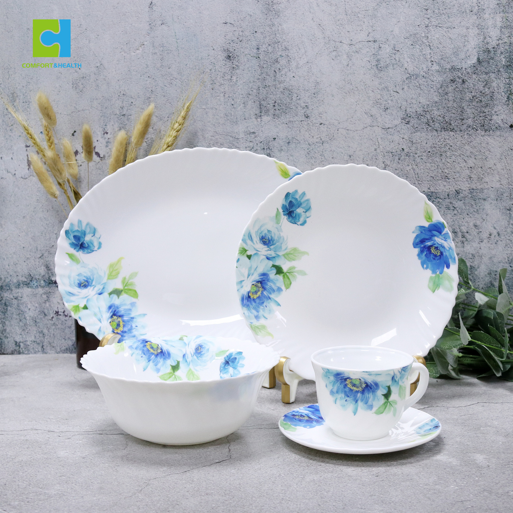 C&H Ivory White Opal Glassware Break Resistant Dinner Sets with Dessert Plates/Soup Plates/Dinner Plates/Cups/Saucers