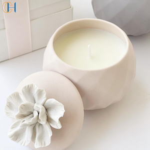 C&H Wholesale Pottry Candle Jar Birthday Wedding Gift Ceramic Bowl Candle with Flower Lid