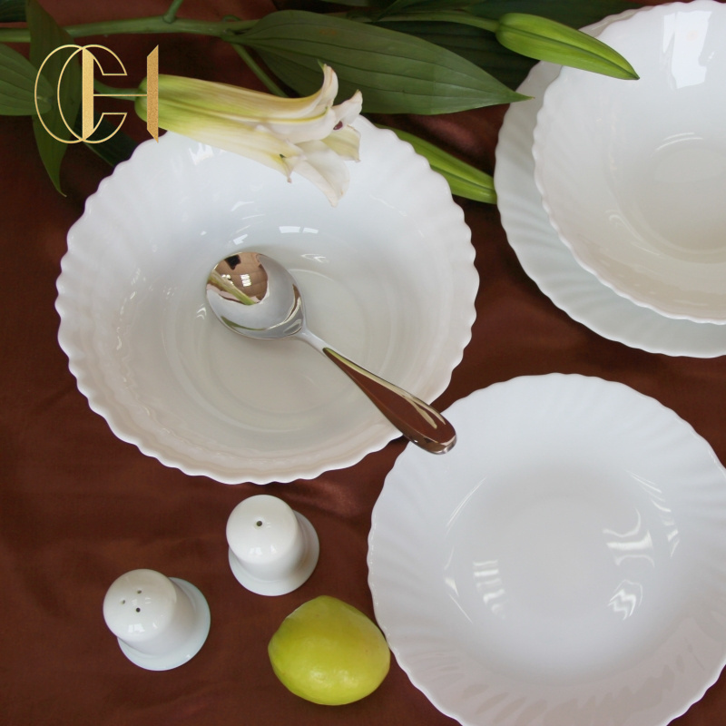 C&H 30-Piece Dinnerware Set Ivory White Opal Glassware Sets with Dessert Soup Plates Service for 6