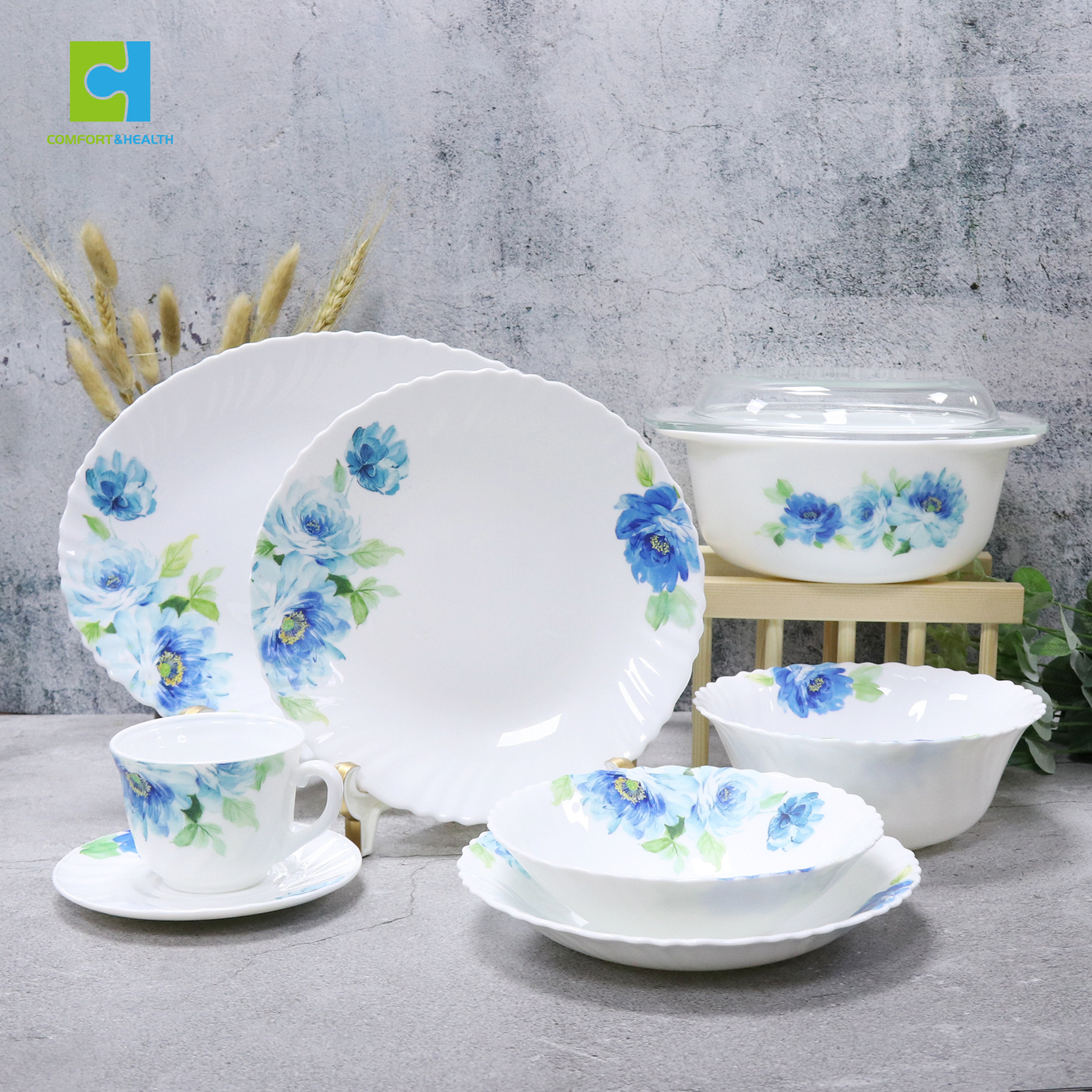 C&H Ivory White Opal Glassware Break Resistant Dinner Sets with Dessert Plates/Soup Plates/Dinner Plates/Cups/Saucers