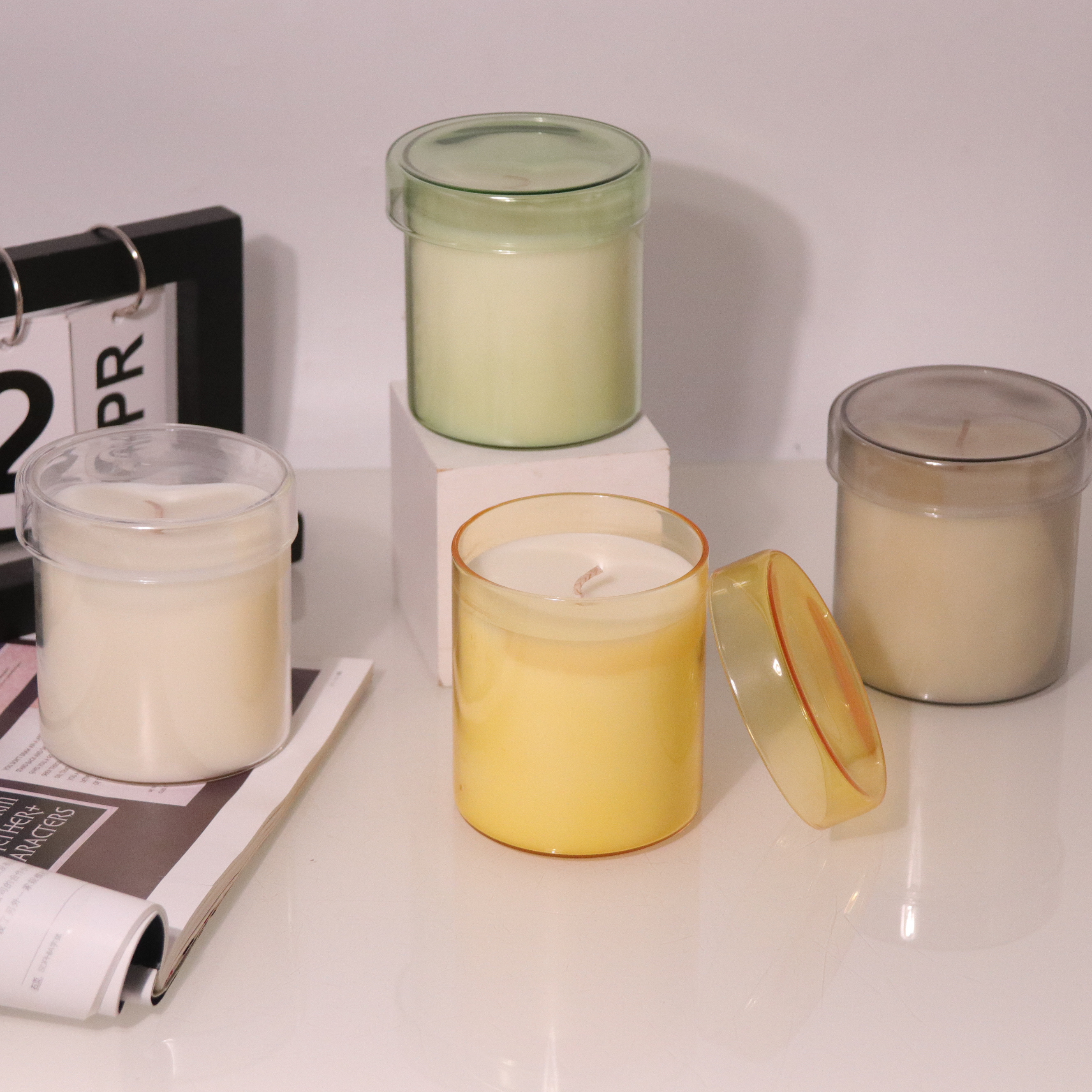 Wholesale Glass Scented Candle High Quality Flameless Candle Colorful Glass Pillar Candles With Lid