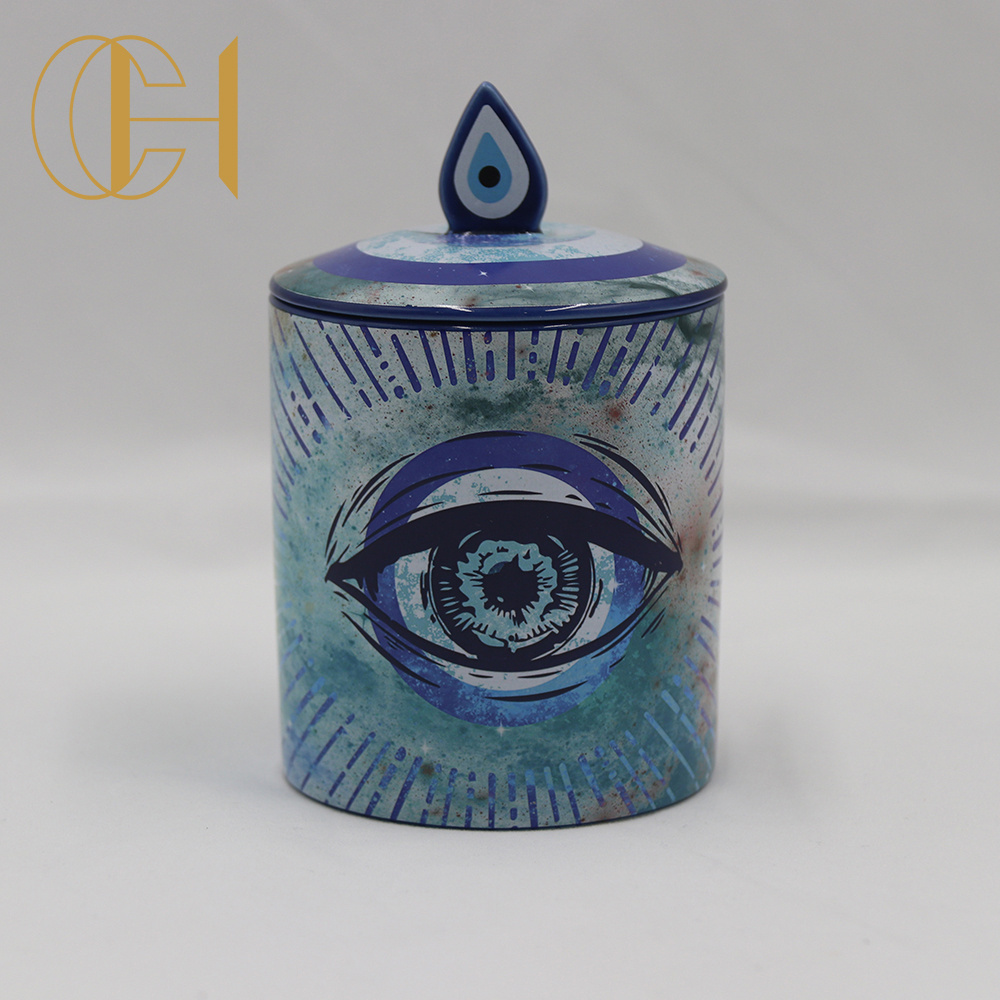 C&H Home Decor 6oz 8oz Newest Design Luxury 3 Wick Ceramic Candle Jar Evil Eye Hand Drawing Ceramic Candle Jar