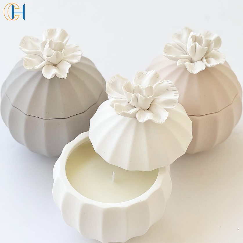 C&H Wholesale Pottry Candle Jar Birthday Wedding Gift Ceramic Bowl Candle with Flower Lid