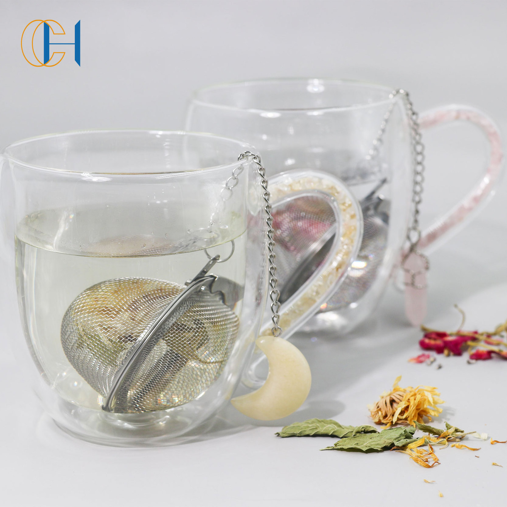 Natural Crystal Tea Ball Crystal Infused Healing Stainless Steel Mesh Strainer Raw Stone Tea Filter