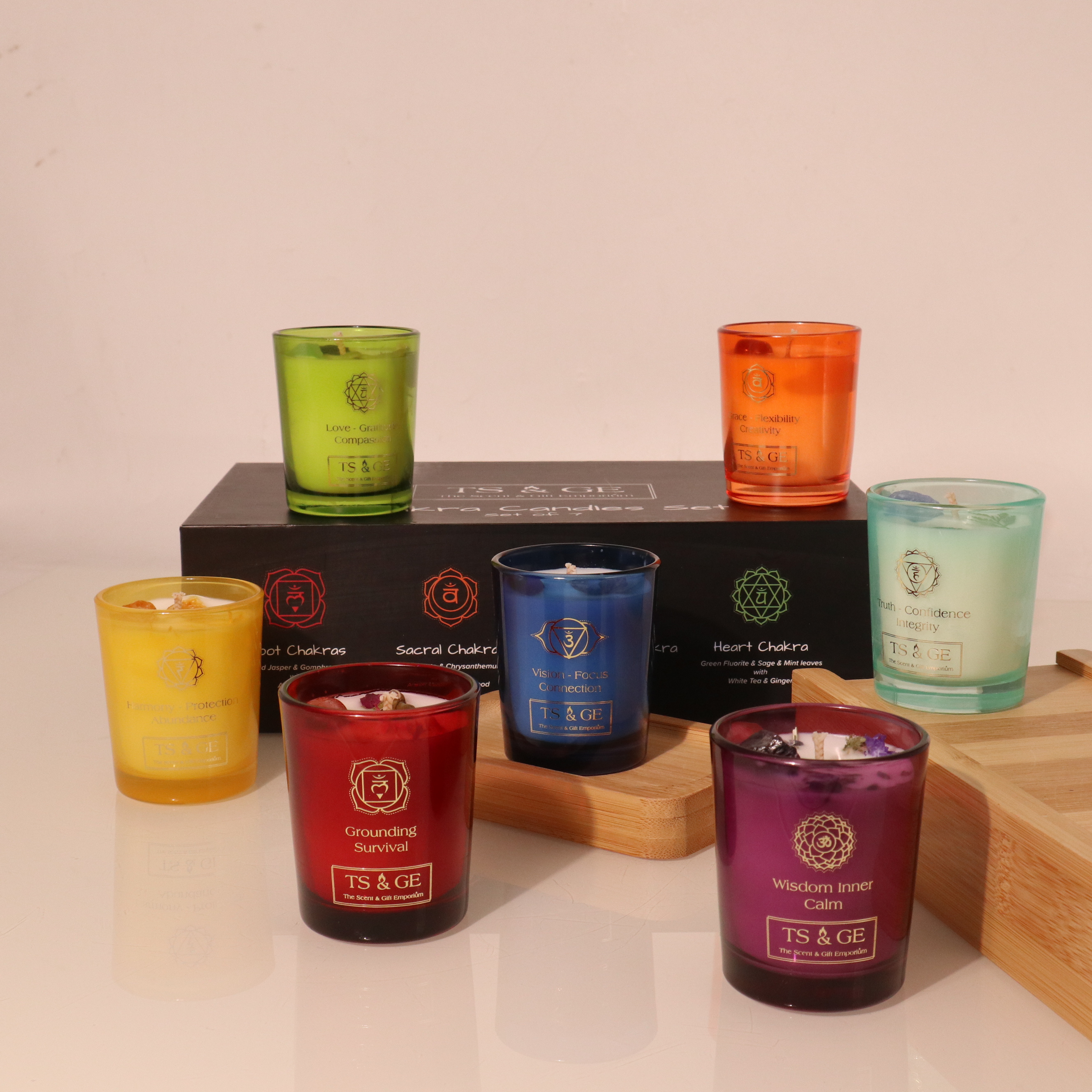 C&H Customized 7 day Chakra Tea Light Yoga Pray Spell Candle Manifestation Scented Crystal Healing Small Root Chakra Candle Set