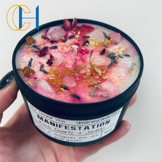 C&H Fragrance Soy Wax Abundance Candle Luxury Scented Candle with Dried Flower Natural Crystal Candle