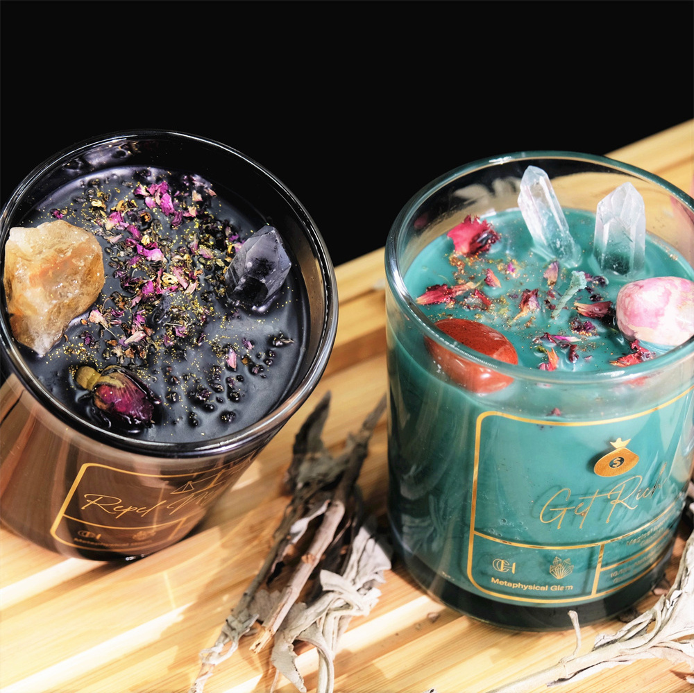 C&H 10OZ Customized Intention Magic Spell Candles Wholesale Healing Crystal Dried Flower Decorative Aroma Scented Soy Candle