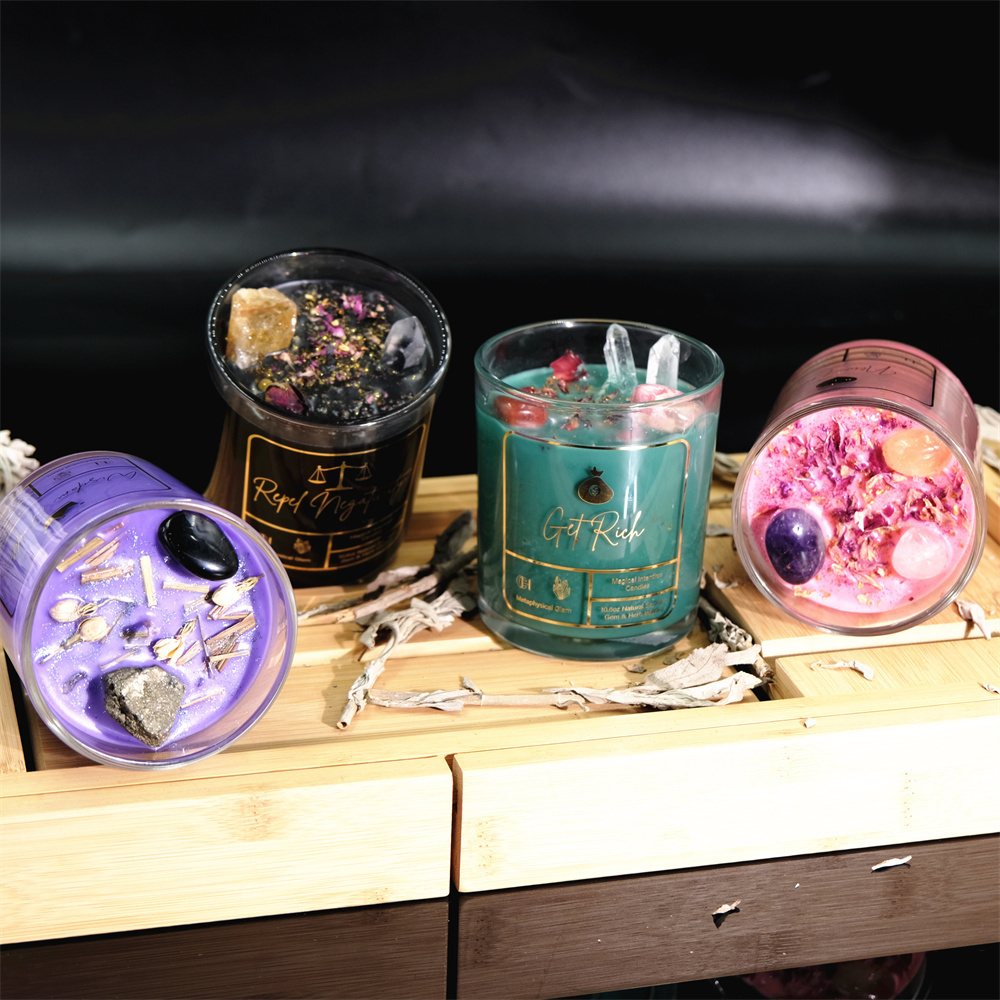 C&H 10OZ Customized Intention Magic Spell Candles Wholesale Healing Crystal Dried Flower Decorative Aroma Scented Soy Candle