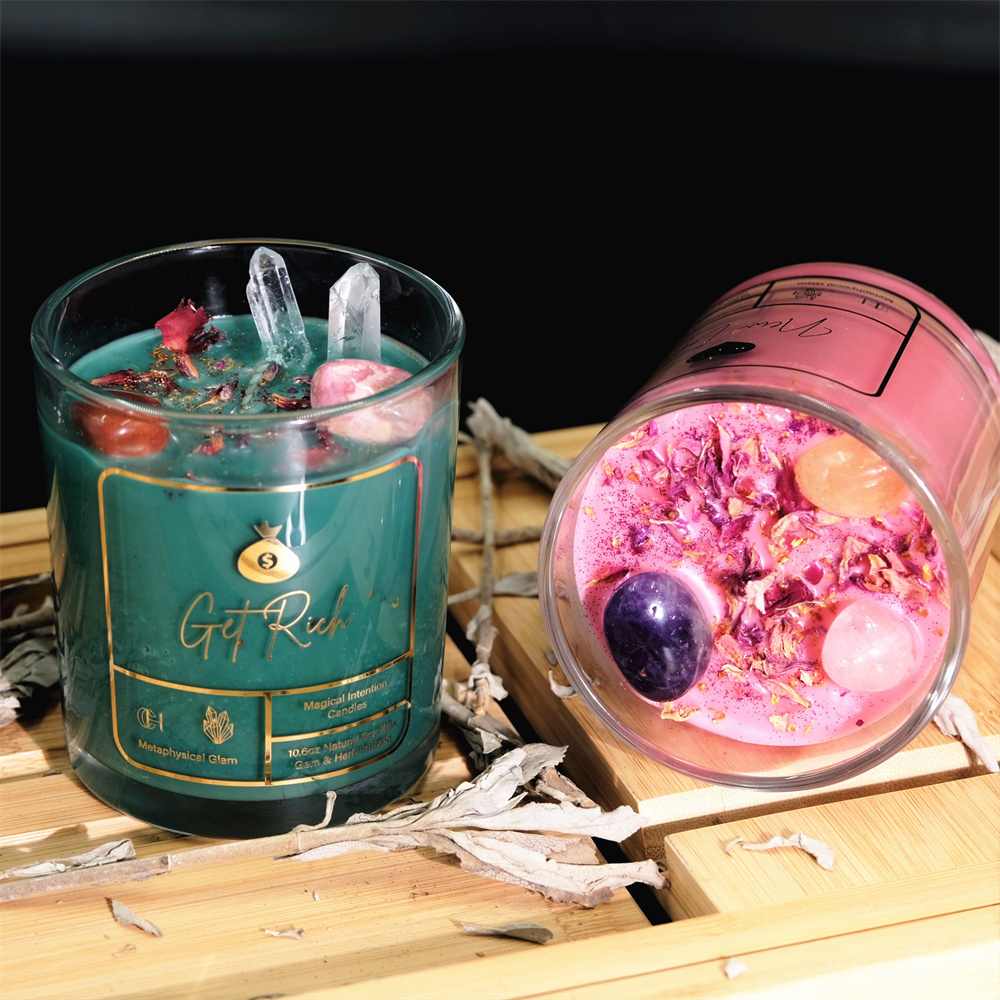 C&H 10OZ Customized Intention Magic Spell Candles Wholesale Healing Crystal Dried Flower Decorative Aroma Scented Soy Candle