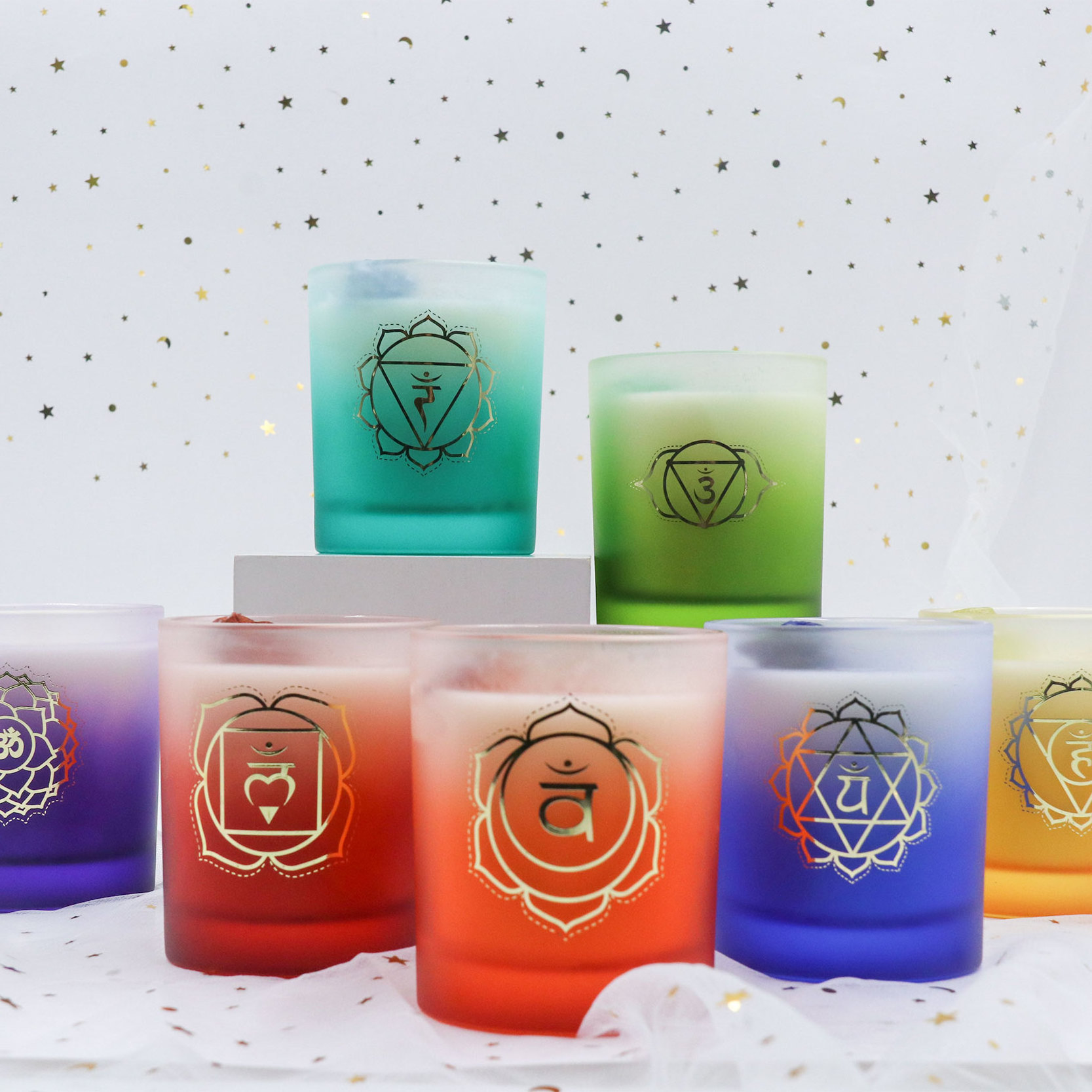 Oem Friendly Luxury Soy Wax Candle Gift Set Bulk Healing Crystal Infused Cotton Wick Harmony Scented 7 Chakra Candles