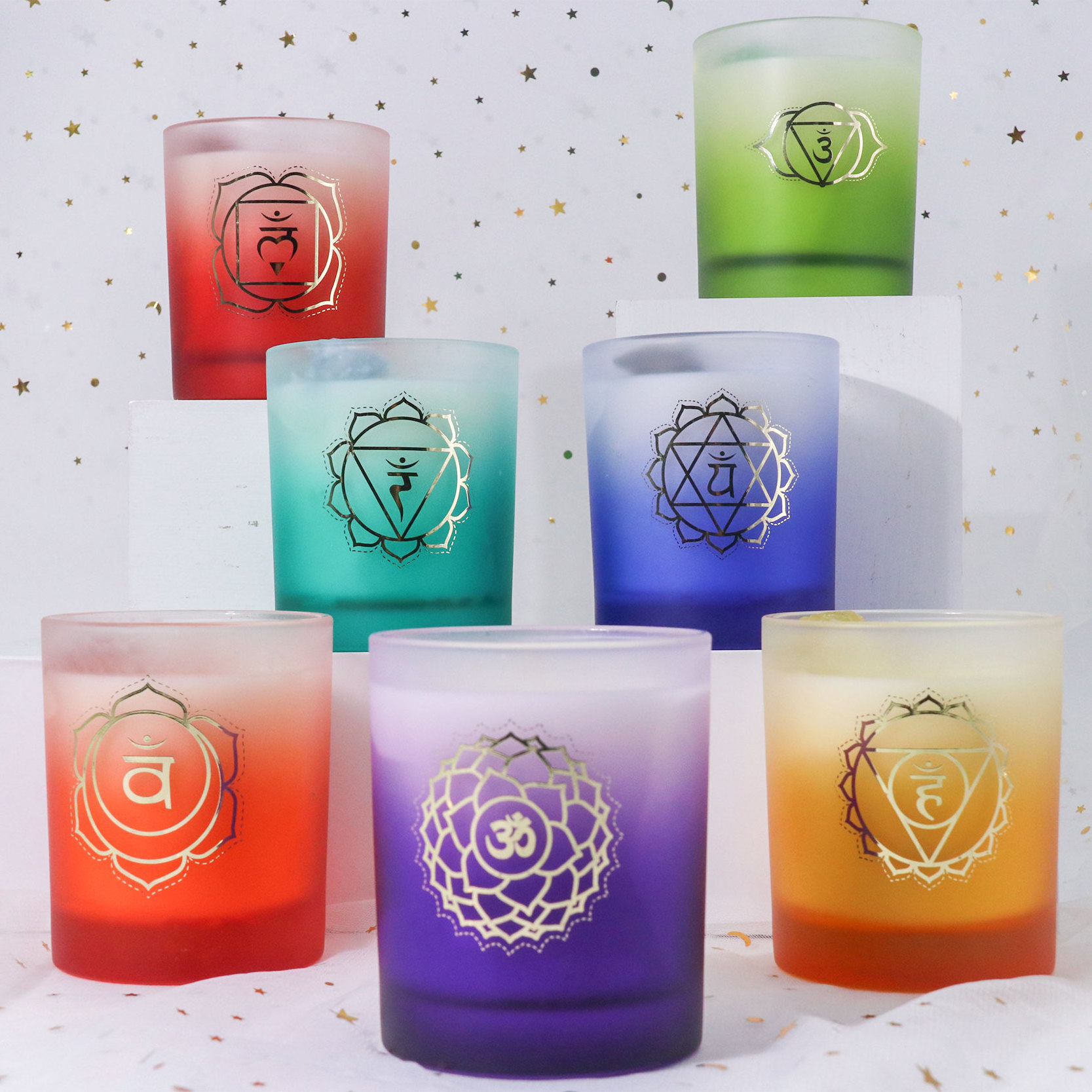 Oem Friendly Luxury Soy Wax Candle Gift Set Bulk Healing Crystal Infused Cotton Wick Harmony Scented 7 Chakra Candles