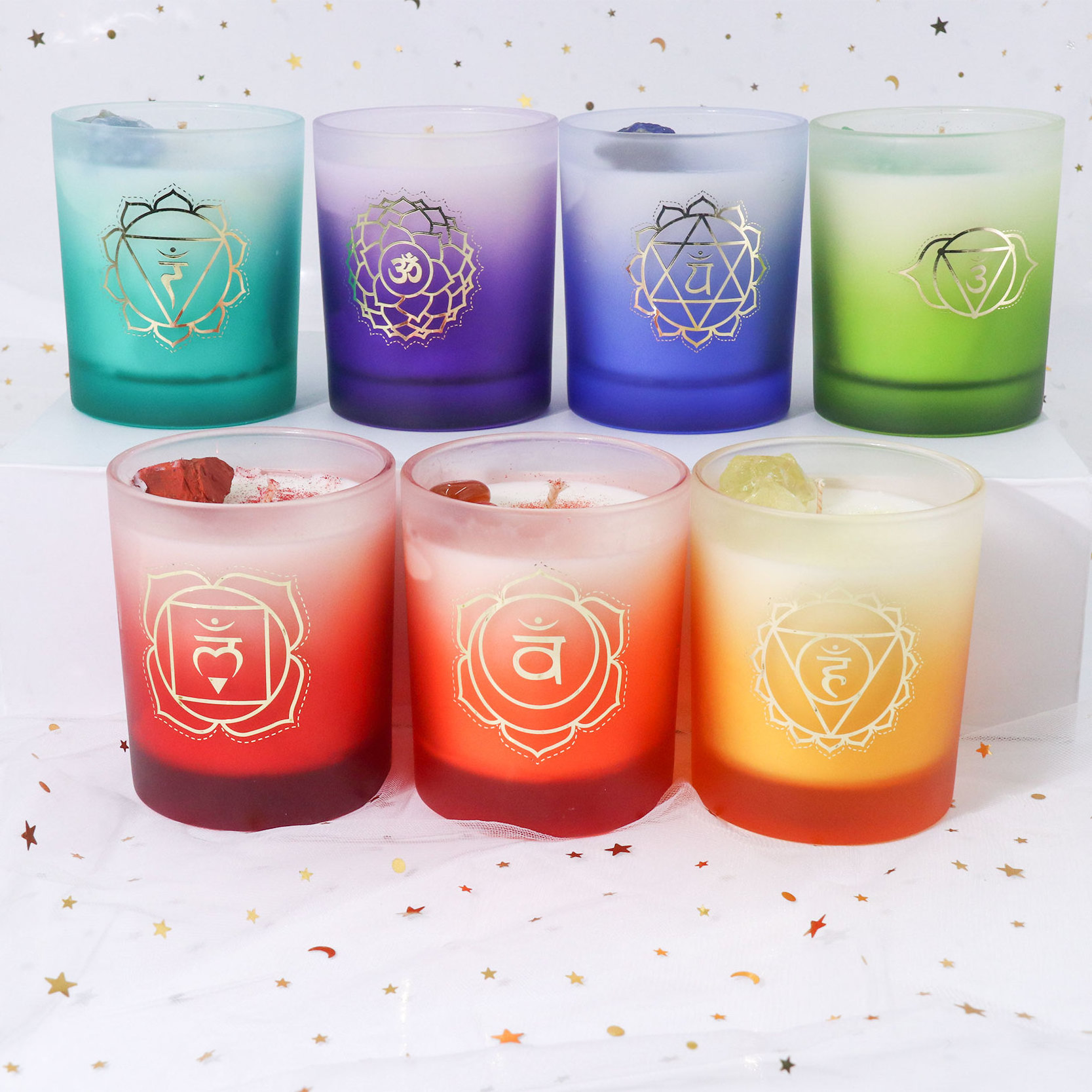 Oem Friendly Luxury Soy Wax Candle Gift Set Bulk Healing Crystal Infused Cotton Wick Harmony Scented 7 Chakra Candles